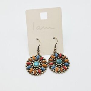 I AM Brand Earrings Multi-Colored Stone Flower Concho Dangle Drop 1.75" On Card